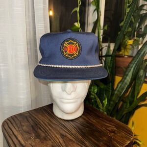 Mens Navy FD Fire Department Emblem Rope Detail Snapback Hat Louisville KY USA